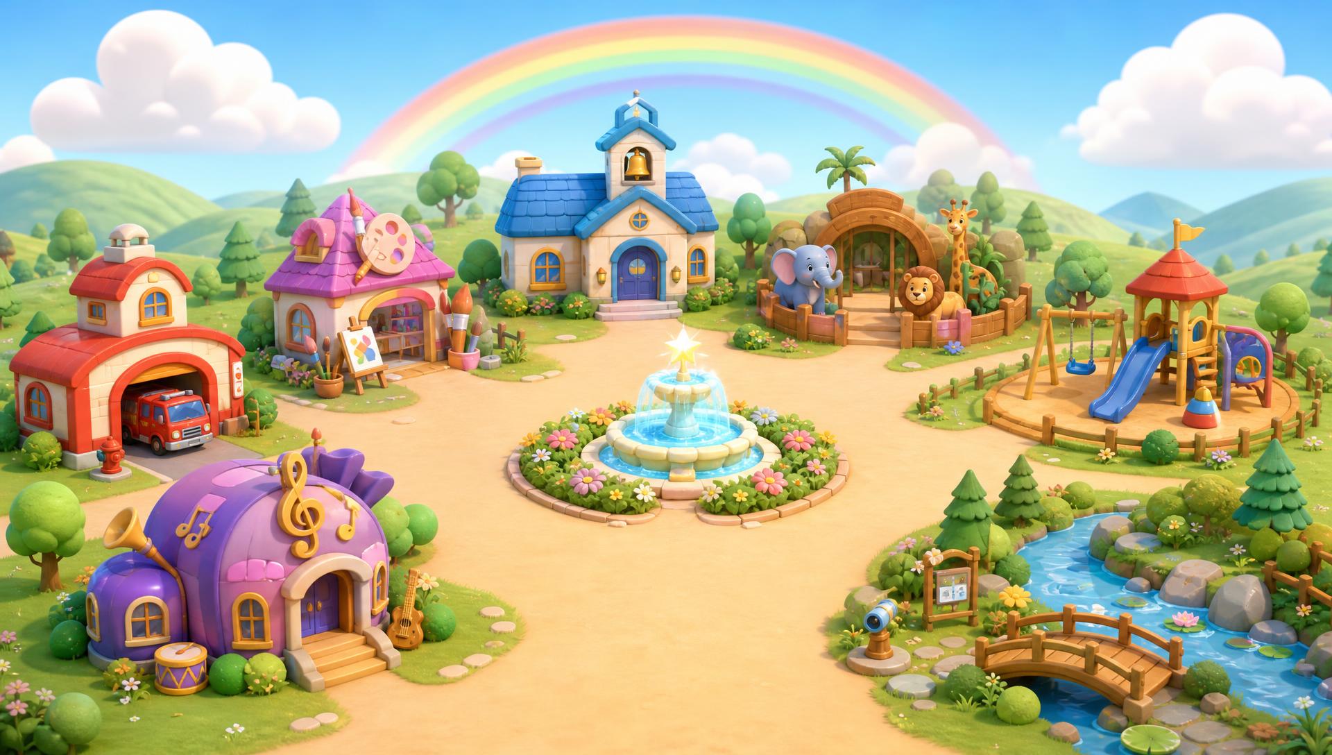 Village magique de Luna Kids avec l'école, le zoo, l'atelier, la caserne, la salle de musique, le parc des jeux et le parc nature autour d'une fontaine centrale.